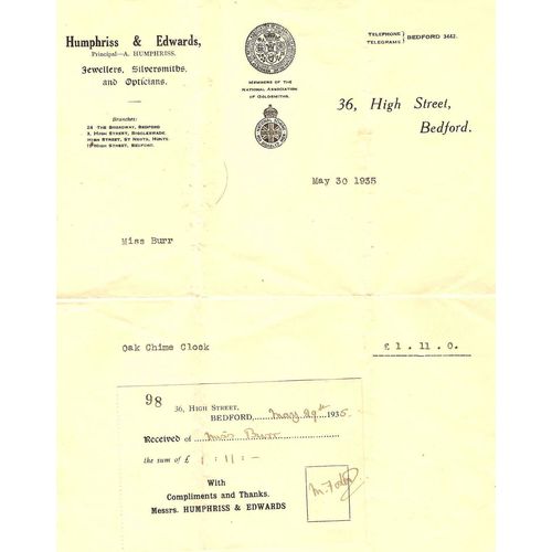 Humphriss & Edwards 1935 Jeweller receipt for oak clock to Burr see rest