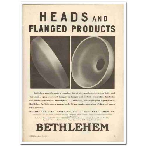 BETHLEHEM STEEL COMPANY 1931 Heads flanged plate products vintage ad