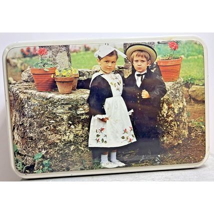 Boy & Girl Photo Massilly France Vintage EMPTY Collectible Tin Storage Container