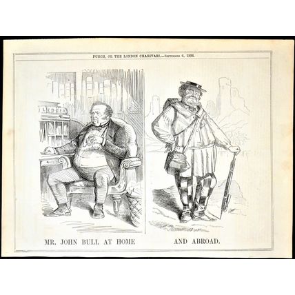 MR. JOHN BULL AT HOME AND ABROAD 1856 Office Traveller PUNCH CARTOON PAGE
