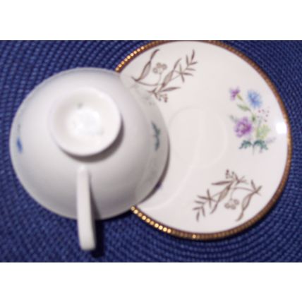 WW Bavaria 45 Teacup Saucer Plate Trio w/ Blue Purple Flowers Gold Hobnail Trim