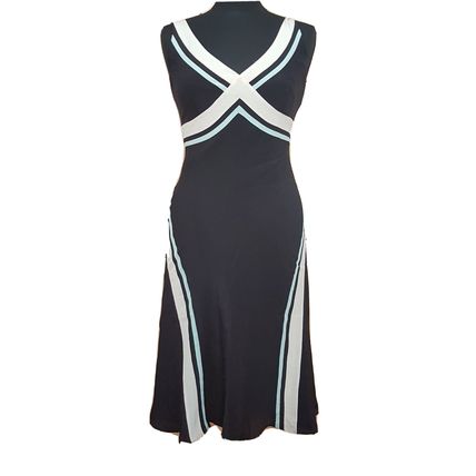 Warehouse Black Cream Sage Stripe Colourblock 100% Silk Dress 38 EU 10 UK
