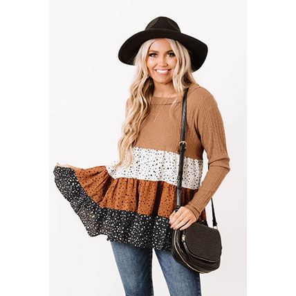 Brown Ribbed Long Sleeve Dotted Tiered Ruffled Flowy Top