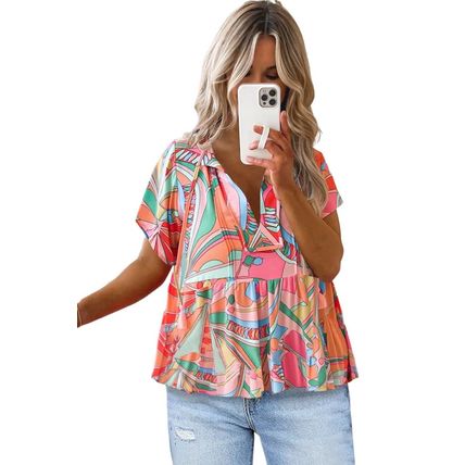 Multicolor Boho Abstract Pattern Split V Neck Flowy Blouse