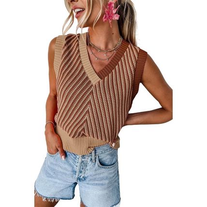 Light French Beige Contrast Chevron Knit V Neck Sweater Vest