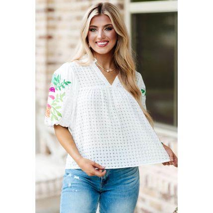 White Floral Embroidered Puff Sleeve Notched Neck Blouse
