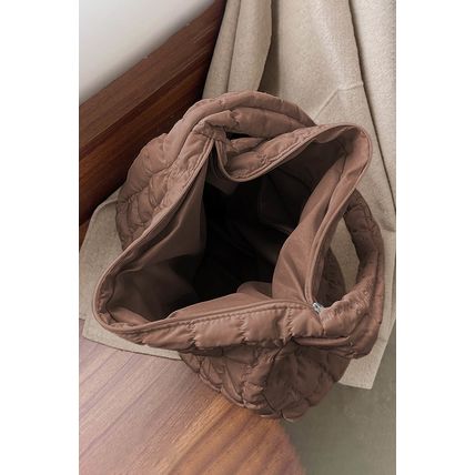 Coffee Quilted Zipper Large Shoulder Bag