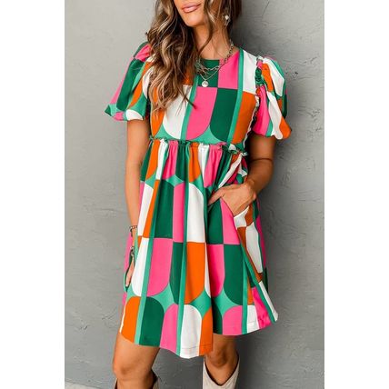 Green Abstract Print Puff Sleeve Short Dress