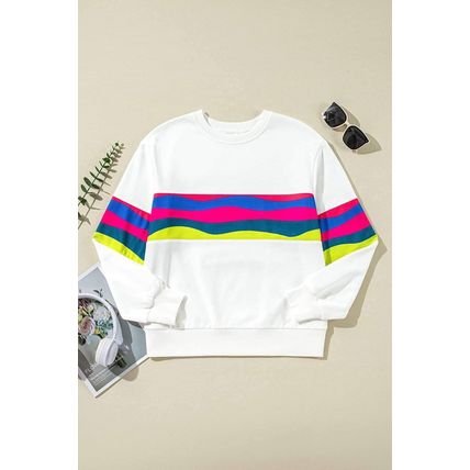 White Colorful Striped Accent Long Sleeve T Shirt