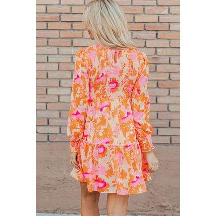 Orange Abstract Print Smocked Lantern Sleeve Ruffle Mini Dress