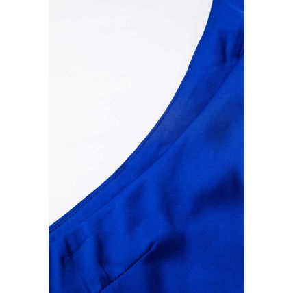 Dark Blue Asymmetric One Shoulder Bell Sleeve Satin Blouse