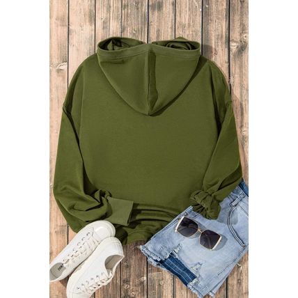 Moss Green Solid Kangaroo Pocket Half Zipper Oversized Hoodie