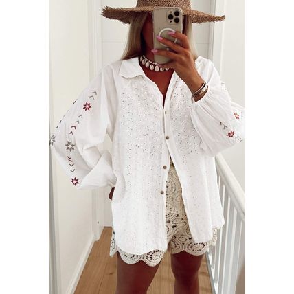 White Floral Embroidered Puff Sleeve Eyelet Patchwork Shirt