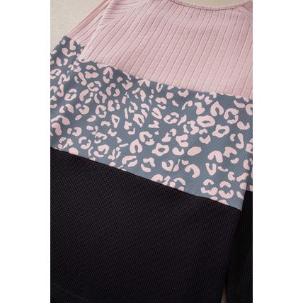 Pink Cheetah Textured Patchwork Buttoned Round Neck T Shirt