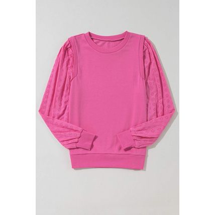 Bright Pink Textured Patchwork Round Neck Sweatshirt
