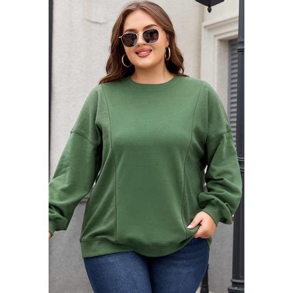 Blackish Green Loose Patchwork Crewneck Plus Size Sweatshirt