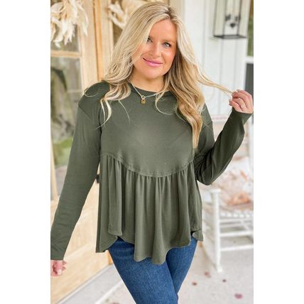 Mist Green Plus Size Thermal Knitted Babydoll Flare Top