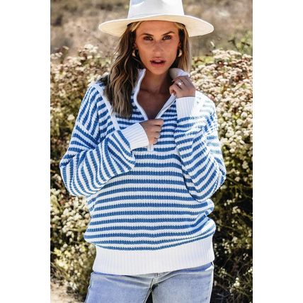 Sky Blue Stripe Zip up Collar Drop Shoulder Sweater