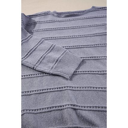 Light Grey Boat Neck Drop Shoulder Pointelle Knit Sweater