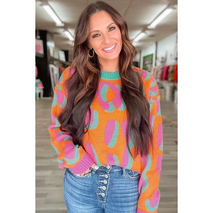 Orange Leopard Colorblock Ribbed Edge Sweater