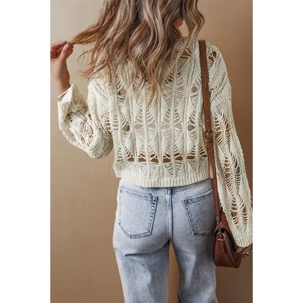 White Cut Out Crochet Crew Neck Loose Fit Sweater