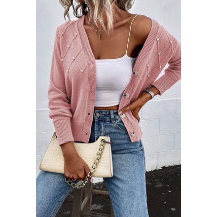 Sepia Rose Textured Knit Pearl Beaded Button Up Cardigan
