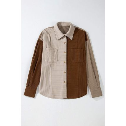 Brown Color Block Chest Pockets Buttoned Corduroy Shacket