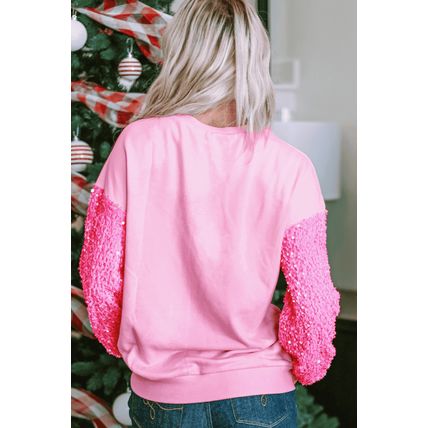 Pink Shiny Father Christmas Graphic Sequin Long Sleeve Top