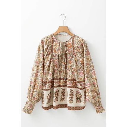 Yellow Floral Print Tie Neck Lantern Sleeve Blouse