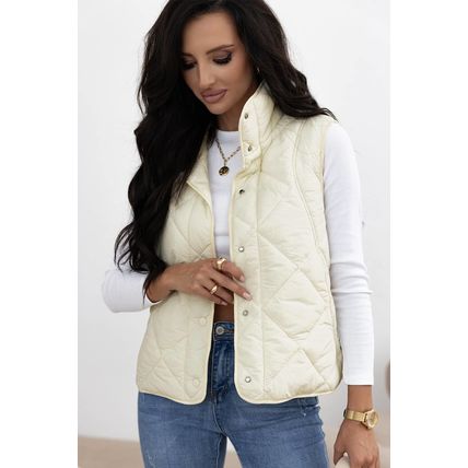 Beige Quilted High Neck Button Up Pocket Vest Coat