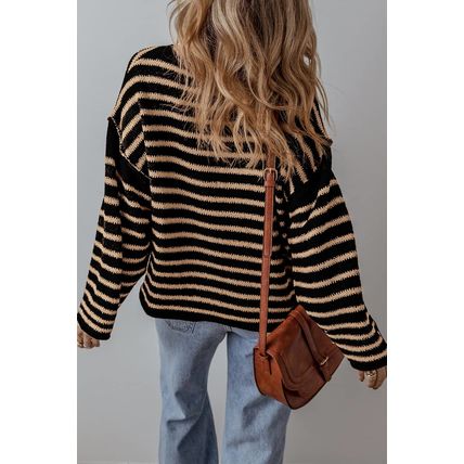 Black Stripe Drop Shoulder Round Neck Loose Sweater
