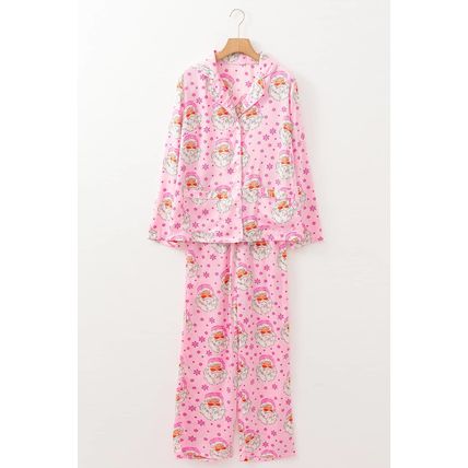 Pink Santa Claus Snowflake Long Sleeve Shirt Christmas Pajama Set