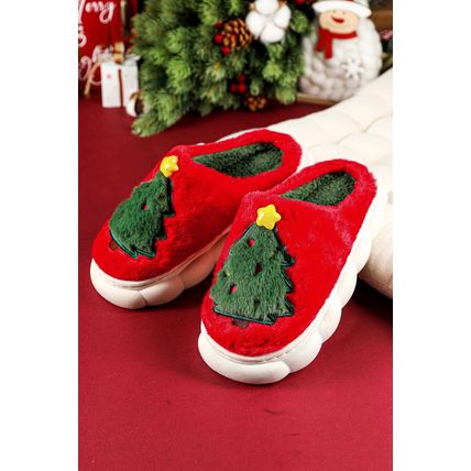 Fiery Red Christmas Tree Graphic Thick Sole Plush Slippers