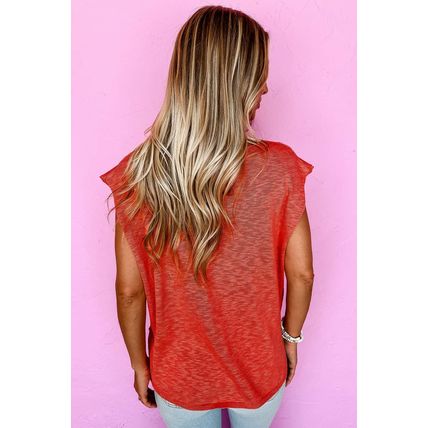 Orange Solid Color Split V Neck Short Sleeve Sweater