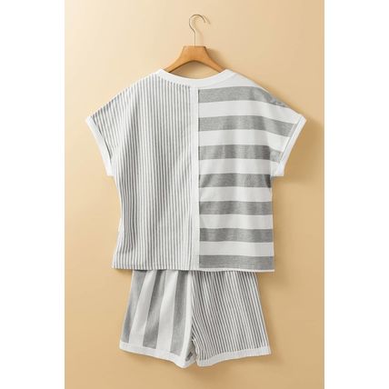 Gray Stripe Mixed Print Short Sleeve Top and Pocketed Shorts Set