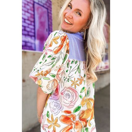 Multicolour Floral Print Striped Yoke Frilled V Neck Puff Short Sleeve Blouse