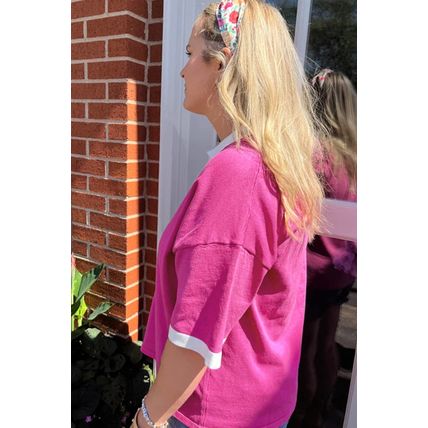 Pink Contrast Trim Collared Split Neck Short Sleeve Plus Size Top