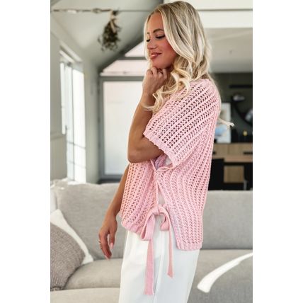 Pink Hollow-out Crochet Side Tied Short Sleeve Sweater