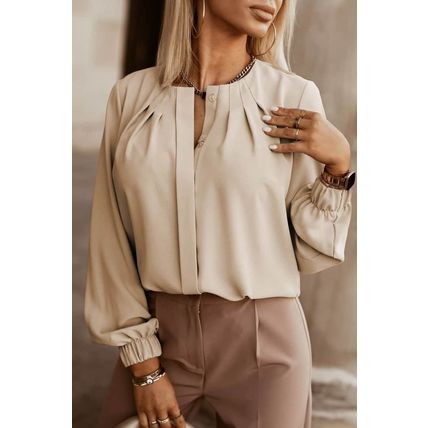 Khaki Crew Neck Gathered Stretch Cuff Shirt