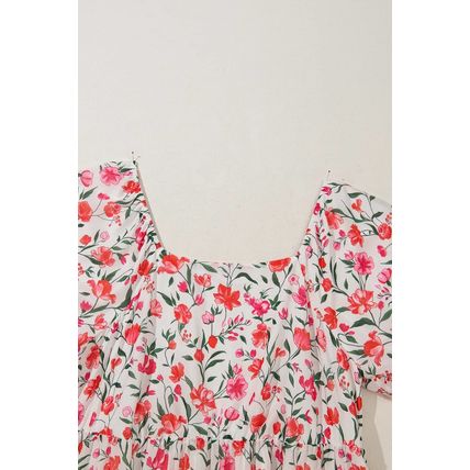 Pink Plus Size Floral Square Neck Puff Sleeve Ruffle Maxi Dress
