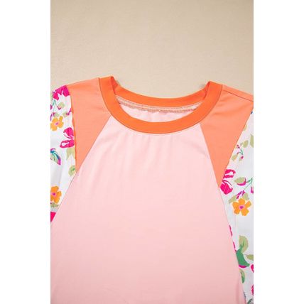 Orange Plus Size Floral Print Patchwork Raglan Half Sleeve Top