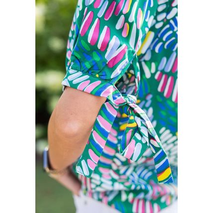 Green Abstract Print Knotted Short Sleeve Plus Size Blouse