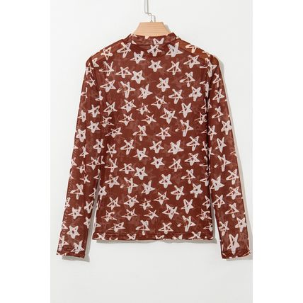Red Mesh Star Print Mock Neck Sheath Long Sleeve Top