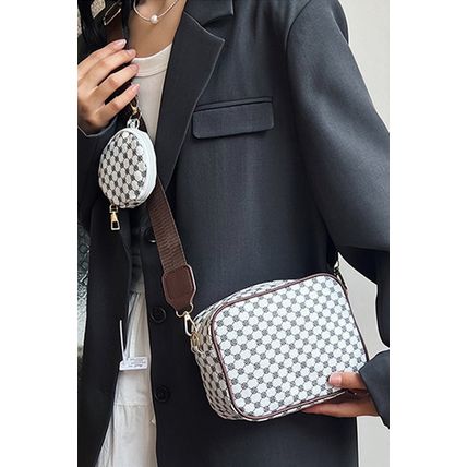 White Checkered Print PU Leather Shoulder Bag with Coin Wallet