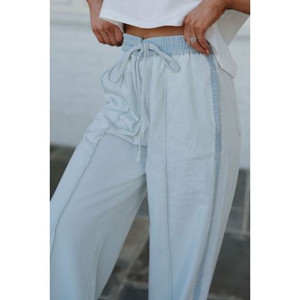 Beau Blue Light Wash Contrast Trim Center Seam Drawstring High Waist Wide Leg De