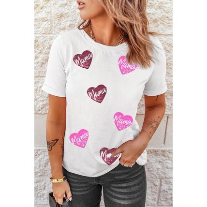 White mama Heart Shape Sequin Patched Crew Neck T Shirt
