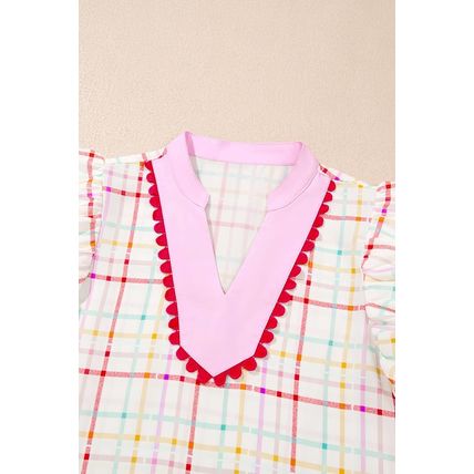 White Plaid Flutter Sleeve Colorblock Ric Rac Split V Neck Blouse