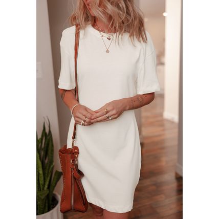 White Drop Shoulder Crew Neck Shift T Shirt Dress