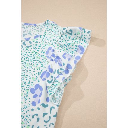 Sky Blue Leopard Layered Ruffle Short Sleeve Casual Blouse