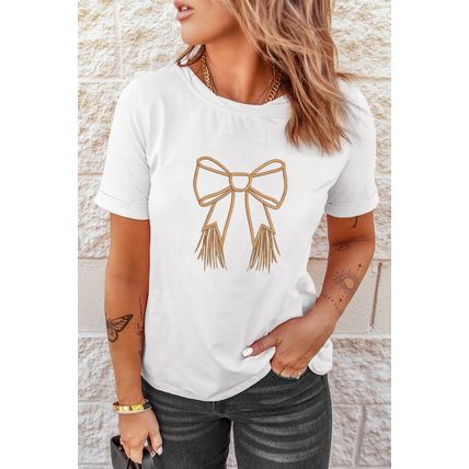 White Tassel Bowknot Embroidered Graphic Print Western Round Neck T Shirt